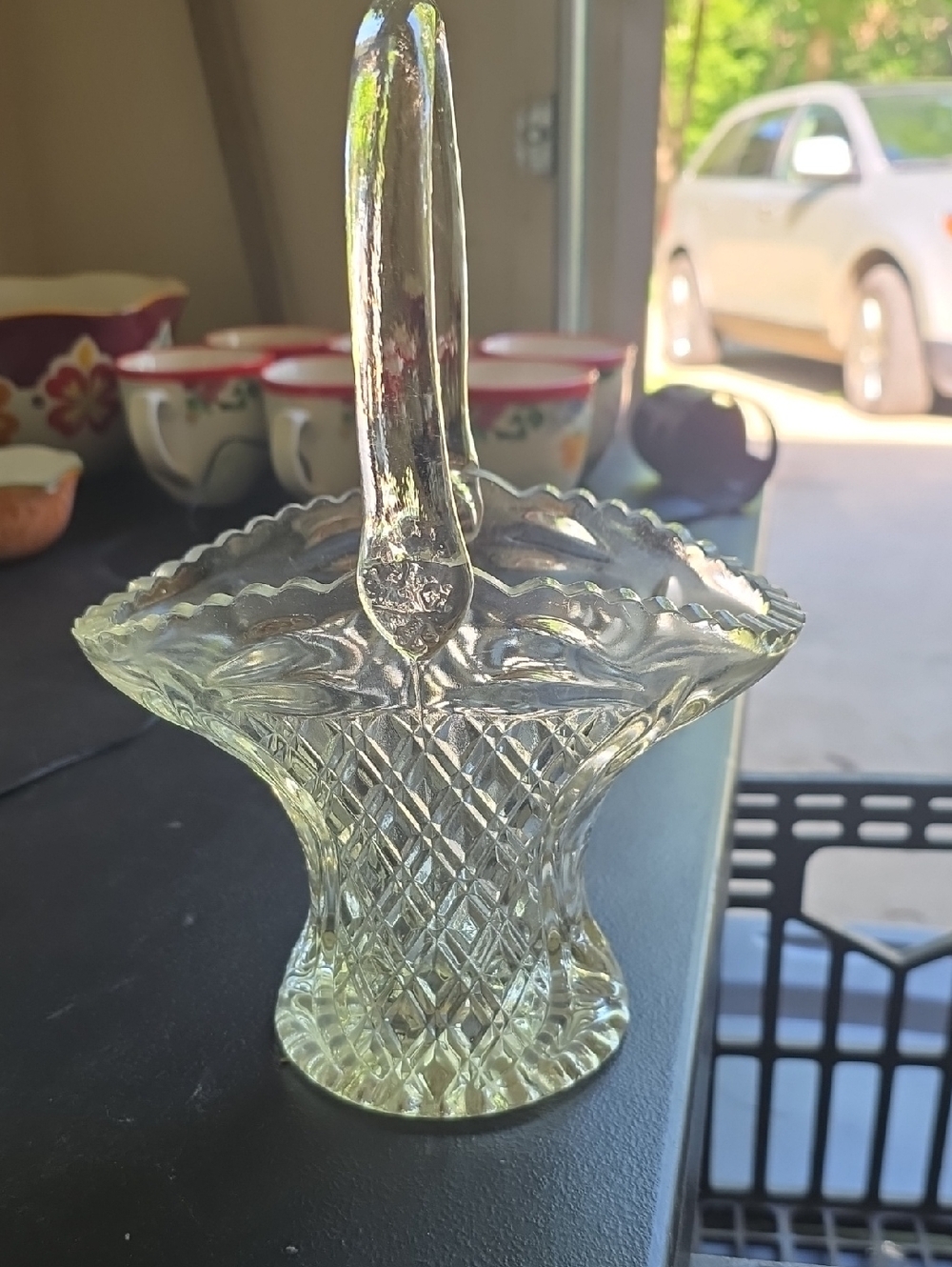Clear Glass Basket with Scalloped Edge and Diamond Cut Pattern
